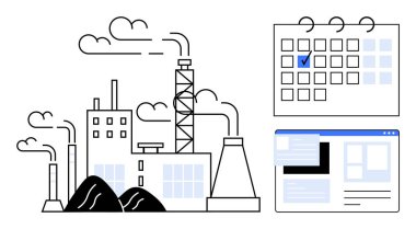 Kömür yığınlarıyla duman yayan fabrika, zaman arayüzü ve kontrol edilen takvim. Üretim, üretim zaman çizelgeleri, proje yönetimi, otomasyon, işletme planlaması, sanayi dairesi için ideal