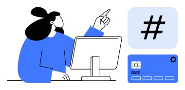 Monitörde el kol hareketi yapan kadın, büyük meta veri etiketi sembolü ve dijital kart. Sosyal medya, teknoloji, çevrimiçi ödemeler, ağ oluşturma, kullanıcı arayüzü, trend konuları basit iniş sayfaları için ideal