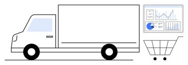 Grafikleri ve çizelgeleri olan alışveriş arabasının yanında duran bir kamyon ikonu. Lojistik, tedarik zinciri, e-ticaret, çevrimiçi alışveriş, dağıtım yönetimi, veri analizi ve basit iniş sayfası için ideal