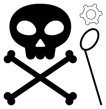 Çapraz kemikli kafatası, mekaniği temsil eden teçhizat ve teftişi sembolize eden büyüteç. Tehlike, uyarı, toksik maddeler, bilim, soruşturma, risk yönetimi için ideal