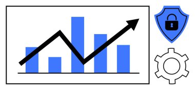 Yukarı doğru büyümeyi gösteren ok, güvenliği temsil eden kalkan ve süreç gelişimini gösteren teçhizat grafiği. İş analizi, veri güvenliği, yenilik, ilerleme ve yönetim için ideal
