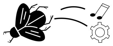 Hareket halindeki bir böcek, nota ve dinamik kıvrımlarla birbirine bağlı dişliler. Yaratıcılık, yenilik, dönüşüm, teknik süreç, problem çözme, tasarım düşünme için ideal basit bir iniş sayfası