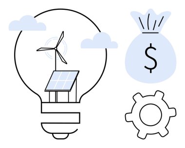 Güneş paneli ve rüzgar türbinli ampul, para çantası ve yenilik, sürdürülebilirlik ve kaynak verimliliğini sembolize eden teçhizat. Yeşil enerji, finans, teknoloji, gelişim kavramları için ideal