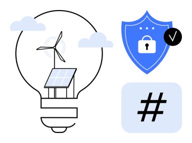 Güneş paneli ve rüzgar türbinli ampul temiz enerjiyi simgeler. Kilitli ve işaretli kalkan siber güvenliği temsil ediyor. Hashmark dijital verileri betimler. Sürdürülebilirlik ve enerji teknolojisi için ideal