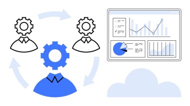 Takım simgeleri vites ve dairesel akış ile birbirine bağlı, grafik ve çizelgeli veri göstergesi, bulut. Takım çalışması, iş akışı, analitik, veri paylaşımı, bulut hesaplama, ilerleme takibi için ideal