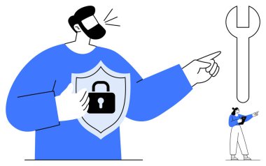 Kilit kalkanı ingiliz anahtarını işaret eden bir adam, tabletle izleyen bir kadın. Siber güvenlik, koruma, bilişim desteği, takım çalışması, teknoloji, risk yönetimi, basit iniş sayfası için ideal