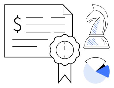 Parasal değeri olan mali belgeler, saat amblemi, satranç şövalyesi ve pasta grafiği. Yatırım, strateji, zaman yönetimi, iş, analiz planlama liderliği için idealdir.