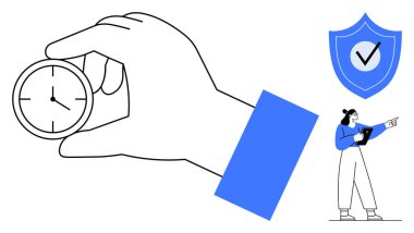 El kavrama saati, işaretleme kalkanı güvenliği simgeliyor, pano ile işaret eden kişi. Zaman yönetimi, güvenlik, verimlilik, organizasyon, planlama, üretkenlik için ideal basit iniş sayfası