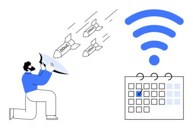 DDoS etiketli füzeleri engelleyen kalkanlı bir adam işaretli bir takvim ve kablosuz sembolün yanında diz çöküyor. Teknoloji, siber güvenlik, internet koruması, ağ savunması, programlama, risk için ideal