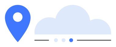 Bulut simgesinin yanında mavi konum rozeti ve üç navigasyon noktası. Navigasyon, seyahat, bulut hesaplama, teknoloji, veri paylaşımı, coğrafi sistemler, basit iniş sayfası için ideal