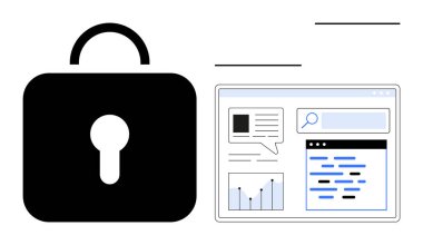 Sembolü grafikleri, arama çubuğu ve metin renklendirmeleri olan bir web tarayıcısının yanına kilitle. Güvenlik, veri koruması, şifreleme, çevrimiçi mahremiyet, web analizi, dijital araçlar için ideal basit iniş sayfası