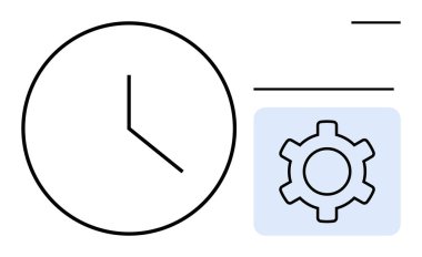 Süreç optimizasyonu ve verimliliği vurgulamak için bir dişlinin yanında zaman izleme saati. Üretkenlik, iş akışı, iş, planlama, zaman tasarrufu, otomasyon, basit iniş sayfası için ideal