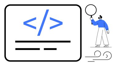 Bir dikdörtgenin içindeki programlama kodu, küre kaldıran kişi, soyut elementler. Kodlama, yenilik, yaratıcılık, eğitim, web tasarımı, teknoloji sade iniş sayfası
