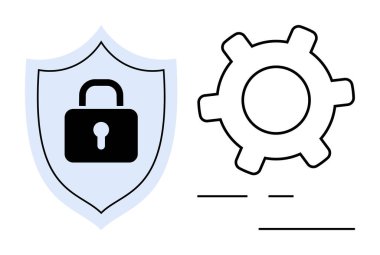 Siber güvenliği, sistem korumasını ve teknoloji gelişimini sembolize eden vites simgesinin yanında kilitli bir kalkan. Gizlilik, güvenlik, dijital güvenlik, teknoloji, süreçler, iş akışı optimizasyonu için ideal