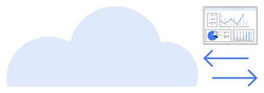 Grafikler, çizelgeler ve oklarla analitik gösterge paneline bağlı büyük bulut şekli. Bulut hesaplama, veri depolama, teknoloji, analitik, bağlantı, dijital çözümler için ideal basit iniş sayfası