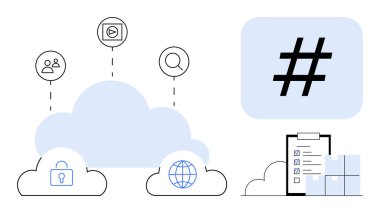 Güvenlik, kullanıcı, dünya, video ve arama simgelerine sahip bulut. Üstveri etiketi ve kontrol listesi. Teknoloji, ağ oluşturma, sosyal medya veri güvenliği iletişimi için ideal basit iniş sayfası