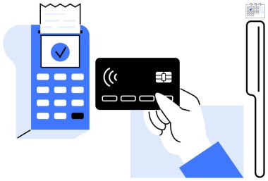 El, POS terminalinde parmak izi makbuzuyla temas kurulamayan ödemeler için kredi kartı kullanıyor. Perakende, teknoloji, e-ticaret, işlemler, modern bankacılık, alışveriş, minimalist düz tasarım için ideal