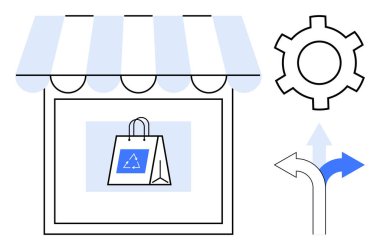 Çizgili tepe örtüsü, geri dönüşüm çantası, sistemi temsil eden teçhizat, seçenekler için ok yolları. Çevre dostu alışveriş, karar verme, işlem akışı, ticaret, markalaşma, perakende satış için ideal
