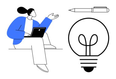Dizüstü bilgisayarda çalışan bir kadın, kalem ve ampulün yanında fikirleri olan bir kadın. Beyin fırtınası, yenilik, takım çalışması, iletişim, öğrenme ve eğitim için ideal. Düz basit metafor