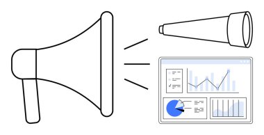 Ses dalgaları yayan megafon, görüşü sembolize eden teleskop, grafikleri ve grafikleri olan veri paneli. Pazarlama, strateji, analitik, iletişim, veri güdümlü karar verme, araştırma için ideal
