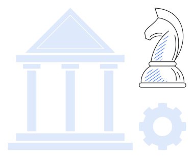 Satranç şövalyesi, sütunlu klasik bina ve teçhizat strateji, yönetim ve operasyonel verimliliği temsil ediyor. Yönetim, karar verme, politika, liderlik yeniliği için ideal