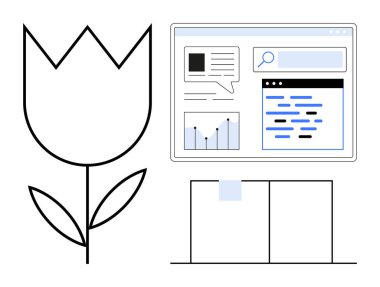 Arama çubuğu, veri tablosu ve metin modülleri içeren sadeleştirilmiş bir web arayüzünün yanında stilize lale. UIUX tasarımı, pazarlama, yaratıcılık, basitlik, analitik, doğa ve basit bir iniş için ideal