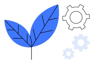 Mekanik viteslerin yanında görünür damarları olan mavi bir yaprak. Sürdürülebilirlik, yenilik, teknoloji, ekoloji, takım çalışması, süreç verimliliği, yenilenebilir enerji, basit iniş sayfası için ideal