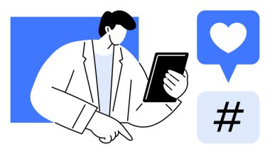 Elinde tablet tutan adam. Başparmaklar yukarı doğru, üstveri etiketi simgeleri. Dijital pazarlama, sosyal medya stratejisi, nüfuzlu sosyal yardım, analitik, kullanıcı katılımı, içerik oluşturma, basit