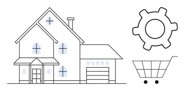 Sivri çatılı, garajlı ve pencereli bir ev. Yanında da vites ve alışveriş arabası ikonları var. Teknoloji, e-ticaret, akıllı ev, otomasyon, yenilik, mülk yönetimi müşteri alışverişi için ideal