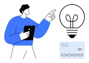 Elinde bir tablet tutan kişi, yaratıcılığı ve yeniliği sembolize eden bir ampule doğru jest yapar. Kredi kartı Fintech 'i, ödeme çözümlerini temsil ediyor. Teknoloji, yenilik, finans, yaratıcılık için ideal