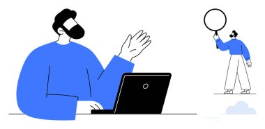 Dizüstü bilgisayar kullanan ve iş sırasında el kol hareketi yapan bir adam, yanında daire tutan başka bir figür daha var. Takım çalışması, işbirliği, iletişim, teknoloji, yaratıcılık, uzaktan çalışma, basit iniş için ideal