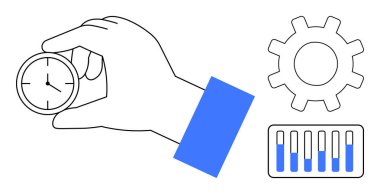 Vites ve ilerleme çubuğunun yanında el ele tutuşan saat verimliliği, verimliliği ve görev yönetimini görselleştiriyor. Zaman izleme, iş akışı, planlama, verimlilik ipuçları, hedef belirleme ve proje için ideal