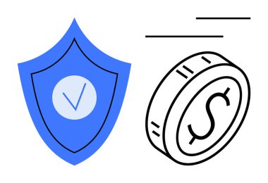 Üzerinde dolar işareti olan bir madeni paranın yanındaki işaret işareti olan mavi kalkan korunmayı simgeliyor. Tasarruf, sigorta, finans, güvenlik, yatırımlar, fintech para yönetimi için ideal. Düz basit