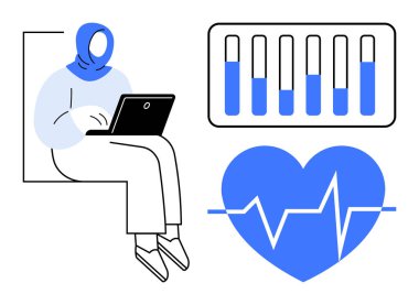 Dizüstü bilgisayarı, test tüpleri ve kalp atışı çizgisi olan bir kadın figürü. Sağlık teknolojisi, teletıp, uzaktan sağlık hizmetleri, tanı, eğitim, tıbbi araştırma için ideal