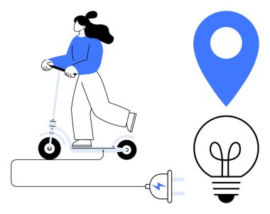 Elektrikli scooterlı bir kadın kabloya bağlı, elektrik hareketliliğini vurguluyor. Ekolojik fikirler için bir ampul ve navigasyon için bir harita iğnesi içerir. Kentsel ulaşım ve sürdürülebilirlik için ideal