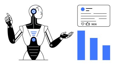 Robot veri içgörülerini bar tablosu ve sosyal medya istatistikleri ile sunuyor. AI, teknoloji, yenilik, otomasyon, sosyal medya, veri analizi için ideal, basit iniş sayfası