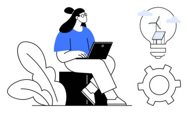 Dizüstü bilgisayarını stilize yaprakların yanında kullanan bir kadın rüzgar ve güneş enerjisi elementleri ve teçhizatlı bir ampul. Teknoloji, yenilik, sürdürülebilirlik, eğitim, yaratıcılık, enerji sade iniş için ideal