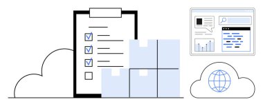 Tamamlanmış görevleri, istiflenmiş kutuları, websitesi paneli, bulutları ve bir küresi olan kontrol listesi. Lojistik, sevkiyat takibi, e-ticaret, görev organizasyonu, veri izleme bulut çözümleri için ideal basit