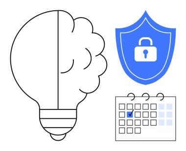 Fikirler için yarım beyin ampulü, veri güvenliği için kalkan, planlama için işaretli takvim. Yaratıcılık, yenilik, siber güvenlik, üretkenlik, zaman yönetimi, strateji için ideal