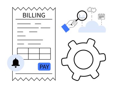Fatura makbuzu, ödeme düğmesi, otomasyon teçhizatı, büyüteç, bulut verisi analizi ve takvim. Finans, dijital dönüşüm, otomasyon, analiz, bulut çözümleri için ideal