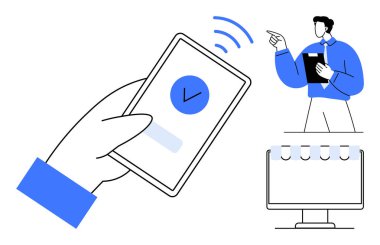 Onaylı cep telefonu, pano sunan profesyonel adam, dijital masaüstü takvimi. Teknoloji, iletişim, üretkenlik, planlama ve çalışma için ideal