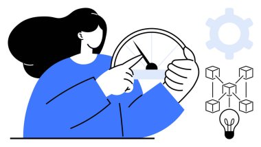 Hız göstergesini ayarlayan kadın yenilik ve verimliliği temsil ediyor, blok zinciri diyagramı, vites ve ampulün yanında. Teknoloji, üretkenlik, strateji, yenilik, yönetim engelleme zinciri için ideal