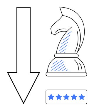 Satranç şövalyesi aşağı doğru ok ve beş yıldızlı derecelendirme rozeti yanında stratejiyi sembolize ediyor. Strateji, reytingler, kararlar, değerlendirmeler, rekabet, iş planlaması, performans değerlendirmesi için ideal. Düz