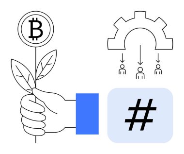 Bitcoin ile el ele tutuşan fabrika, işbirliğini temsil eden teçhizat ve sosyal eğilimleri sembolize eden meta veri etiketi. Engelleme zinciri, fintech, ağ oluşturma, yatırım, yenilik, teknoloji için ideal basit