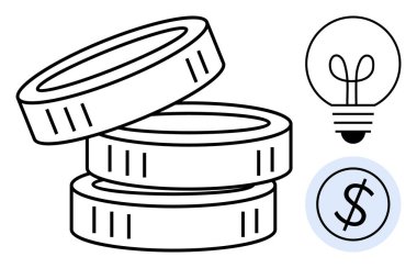 Yığılmış paralar, yenilik, finansal büyüme ve girişimciliği temsil eden bir ampul ve dolar sembolü ile birleşir. Finans, tasarruf, fikirler, ekonomi ve iş stratejisi pazarı için ideal