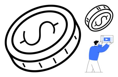 Kalın çizgileri olan büyük boy bir bozuk para, elinde video arayüzü olan mavi elbiseli biri. Finans, dijital ekonomi, yatırımlar, çevrimiçi kurslar, para kazanma, e-ticaret, basit iniş sayfası için ideal