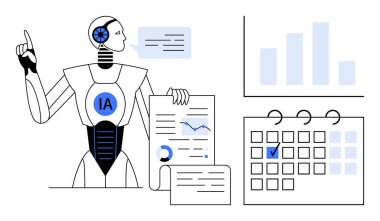 Robotik figür verileri analiz eder, grafiksel çizelgelere doğru jestler yapar, belgeleri gözden geçirir ve bir takvimi ön plana çıkarır. Otomasyon, yenilik, iş stratejisi, teknoloji, üretkenlik analizi için ideal