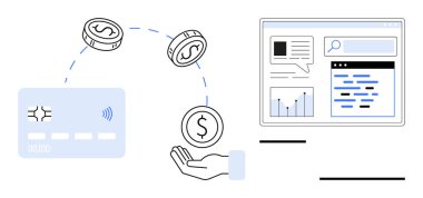 Kredi kartı bir ele para transfer ediyor, grafikler ve içerik öğeleriyle çevrimiçi torpido gözüne. Fintech, bankacılık, e-ticaret, işlem, teknoloji, dijital ekonomi için ideal basit iniş sayfası