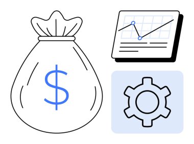 Dolar işaretli para çantası, büyüme eğilimli analiz çizelgesi ve ilerleme için vites. İş, finans, analitik, strateji, yönetim, verimlilik için ideal basit iniş sayfası
