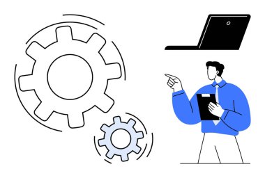 İki vites hareket halinde, profesyonel olarak pano ve dizüstü bilgisayarı gösteriyor. Takım çalışması, üretkenlik, süreç optimizasyonu, proje yönetimi, sunum, iletişim ve iş dünyası için ideal